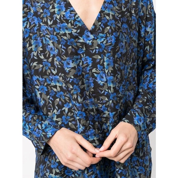 MUNTHE ALUNARIA TOP V neck long sleeve Blue Black floral-print blouse Sz 8 - Picture 2 of 16
